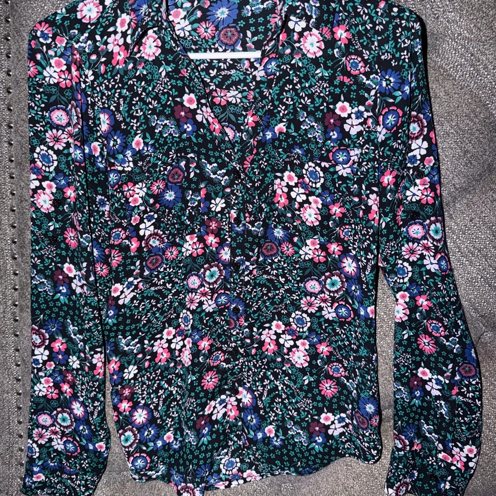 Express Navy Floral V-Neck Long Sleeve Blouse with Pink & Green Accents